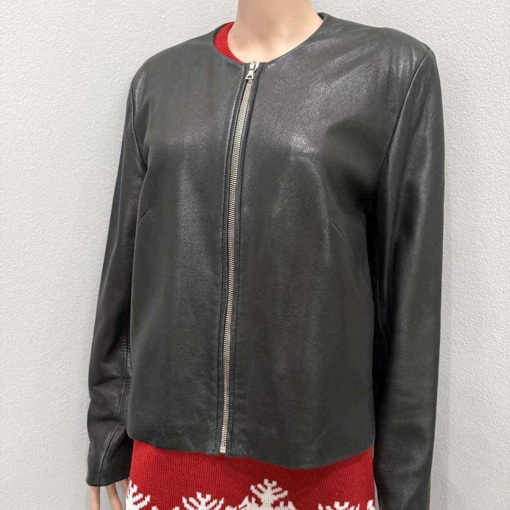 VTG Banana Republic Black Leather Jacket Woman's L Collarless Full Zip Korea Mi